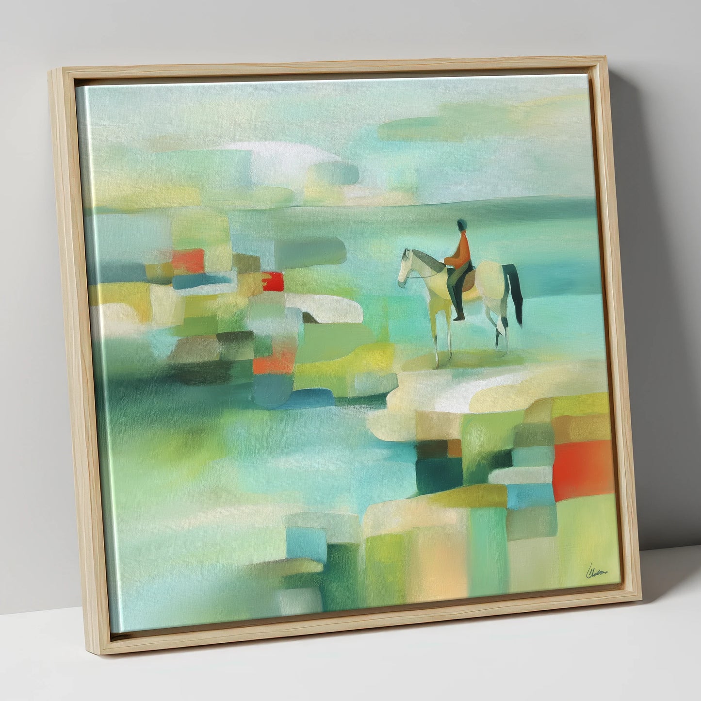 Geometric Shoreline Rider beach horse canvas wall art in natural frame