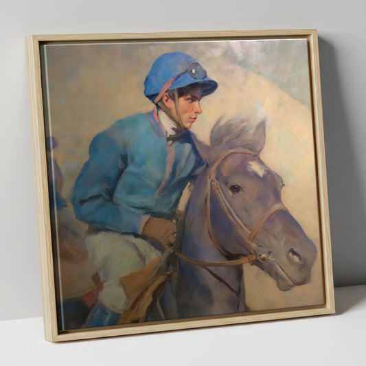 The Cerulean Silks racing horse canvas wall art in natural frame