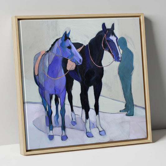 Shadows of the Yard racing horse canvas wall art in natural frame