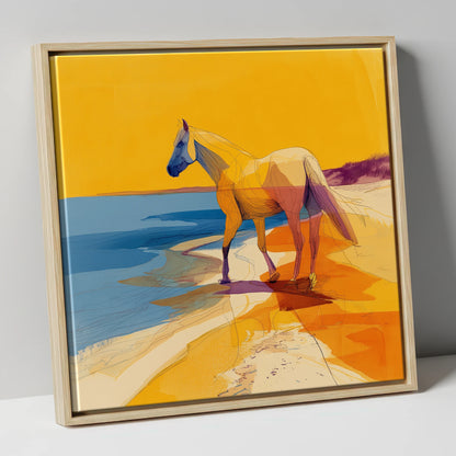 Vibrant Coastal Stride horse landscape canvas wall art in natural frame