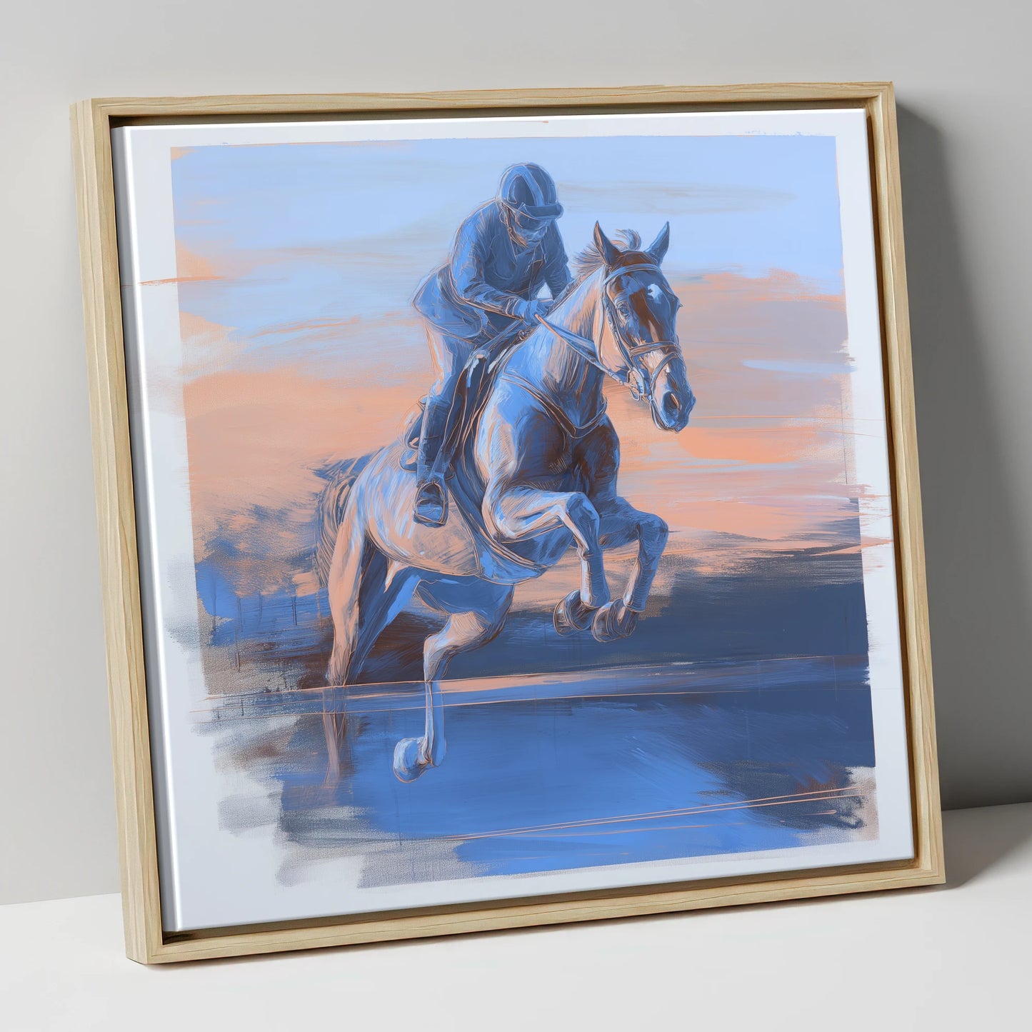 Cobalt Flight show jumping horse canvas wall art in natural frame