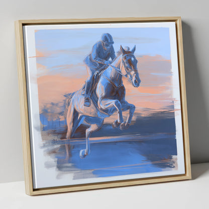 Cobalt Flight show jumping horse canvas wall art in natural frame