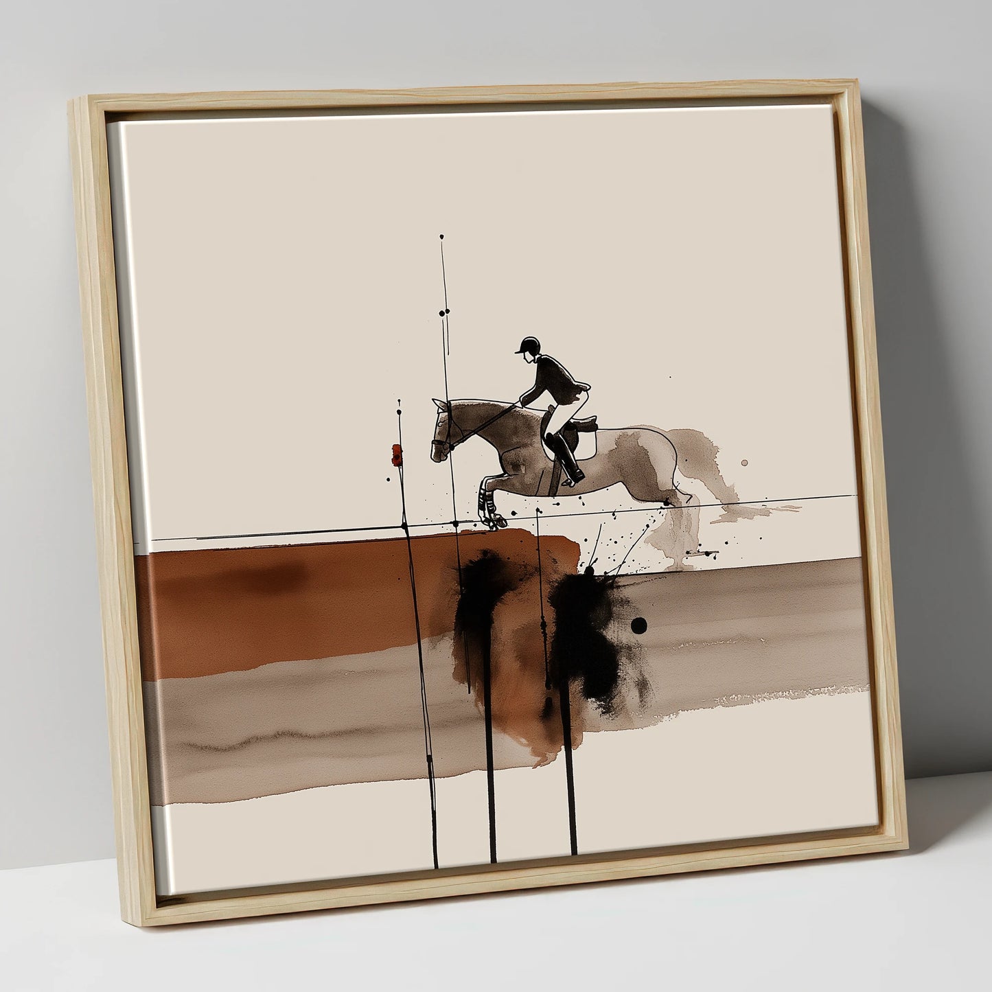 Airborne in Sepia show jumping horse canvas wall art in natural frame