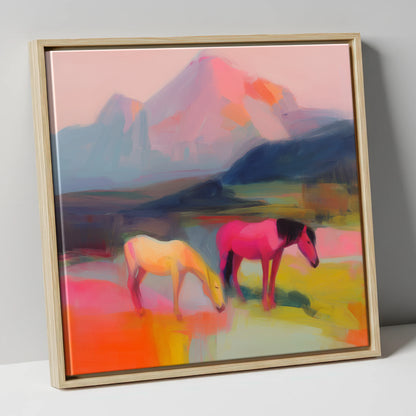 Vivid Mountain Pasture horse landscape canvas wall art in natural frame