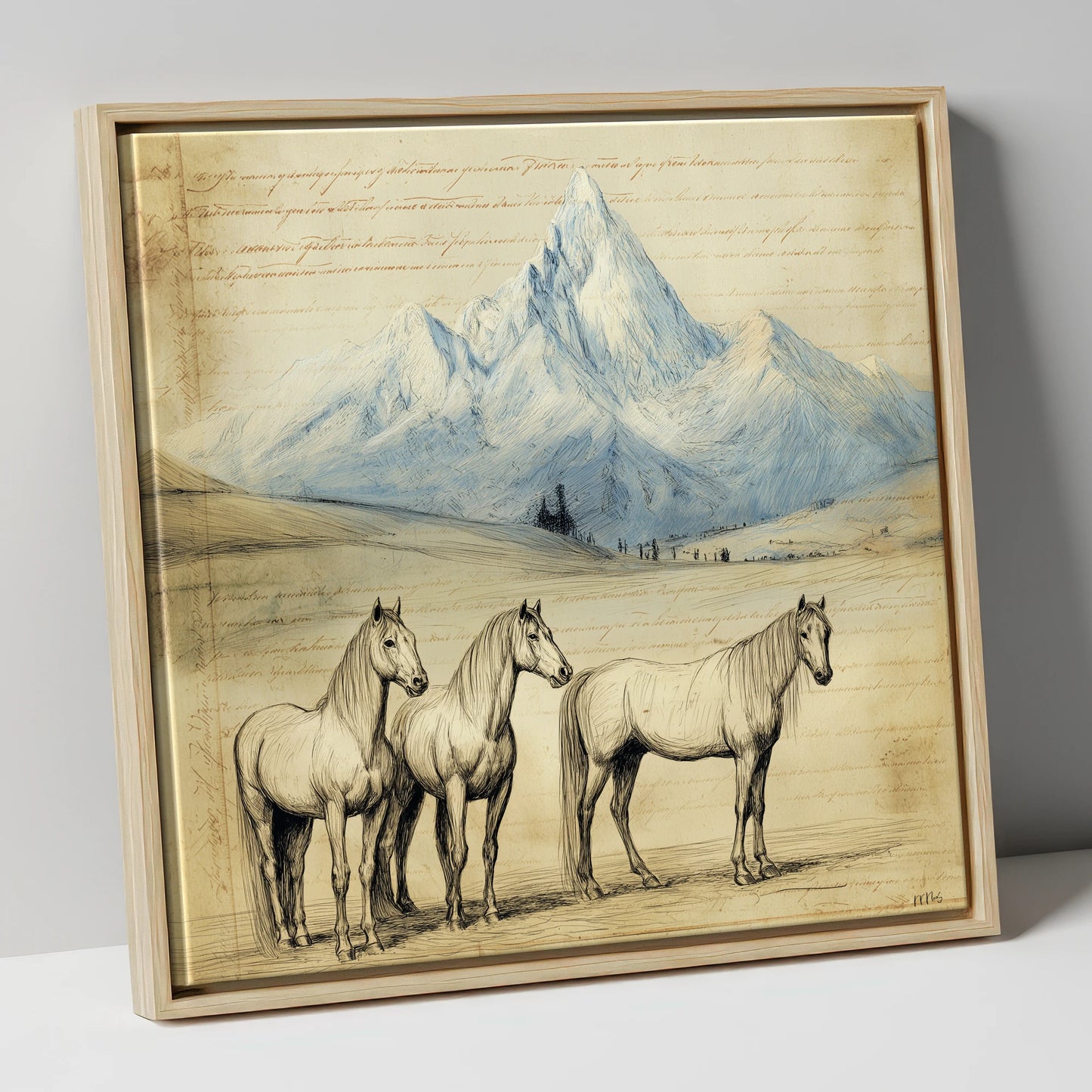 Alpine Journal Sketch horse landscape canvas wall art in natural frame