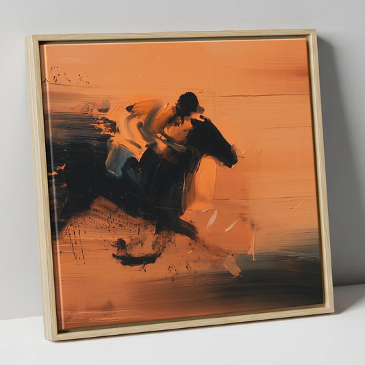 Amber Gallop racing horse canvas wall art in natural frame