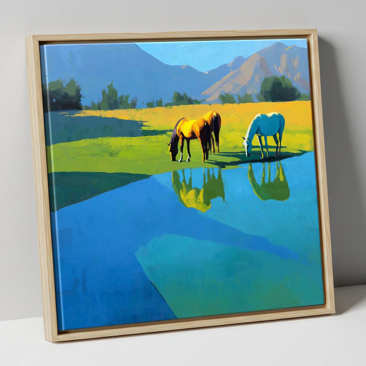 Sunlit Waterside Grazing wild horses canvas wall art in natural frame