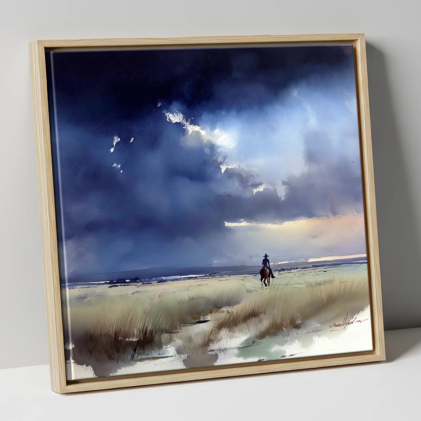 Storm Over the Plains horse landscape canvas wall art in natural frame
