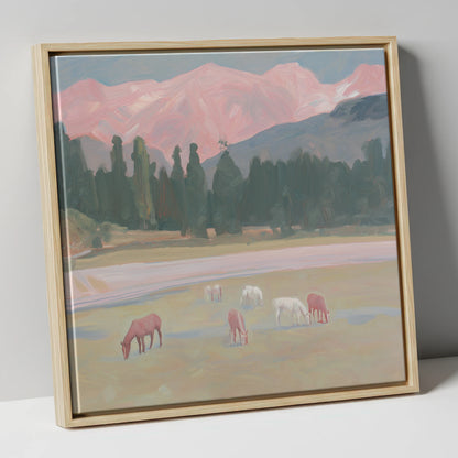 Alpenglow Pastures horse landscape canvas wall art in natural frame