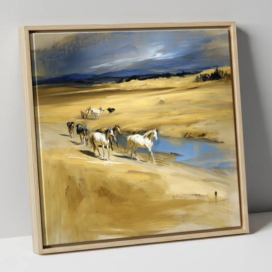 Golden Veldt Crossing horse landscape canvas wall art in natural frame