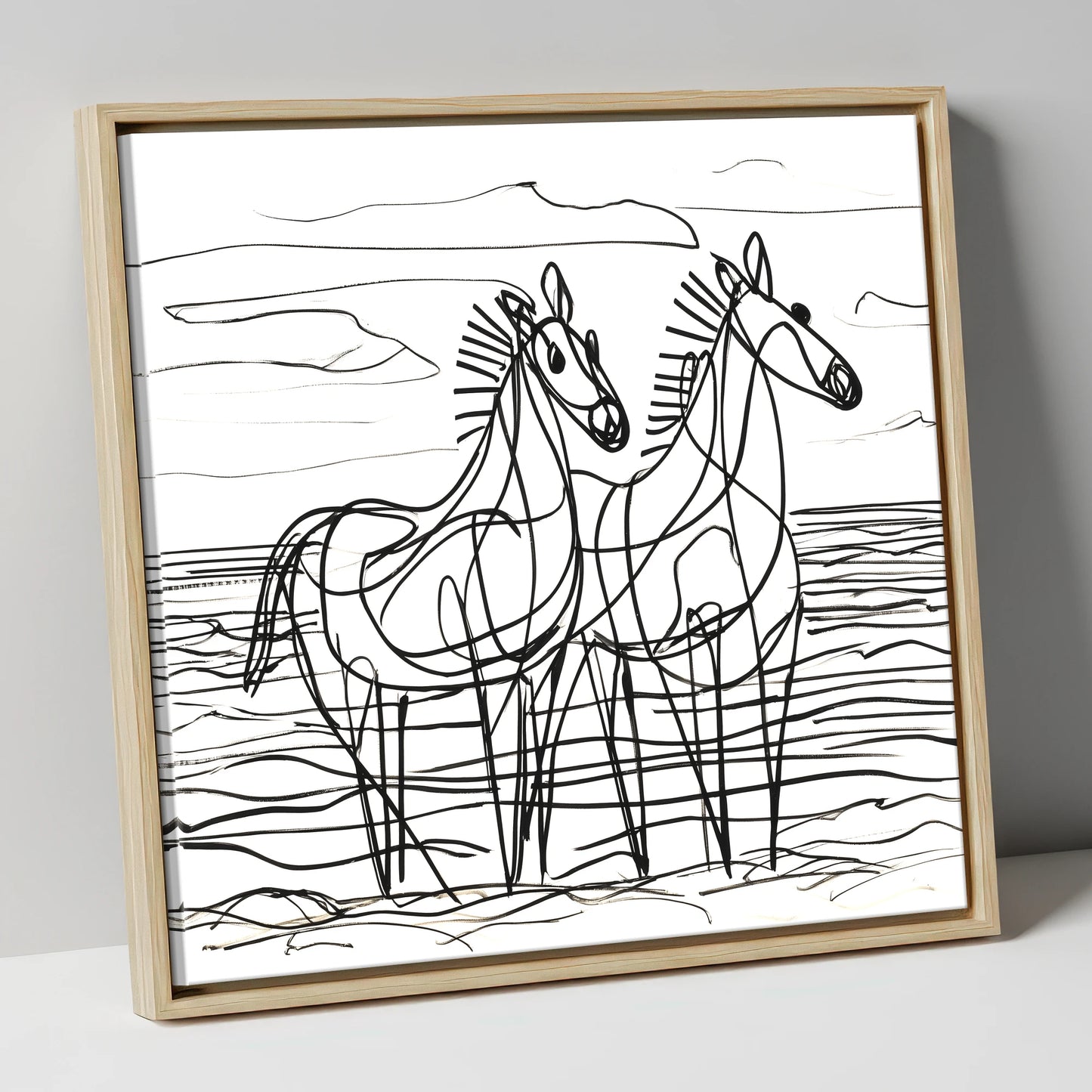 Linear Equine Companions horse landscape canvas wall art in natural frame