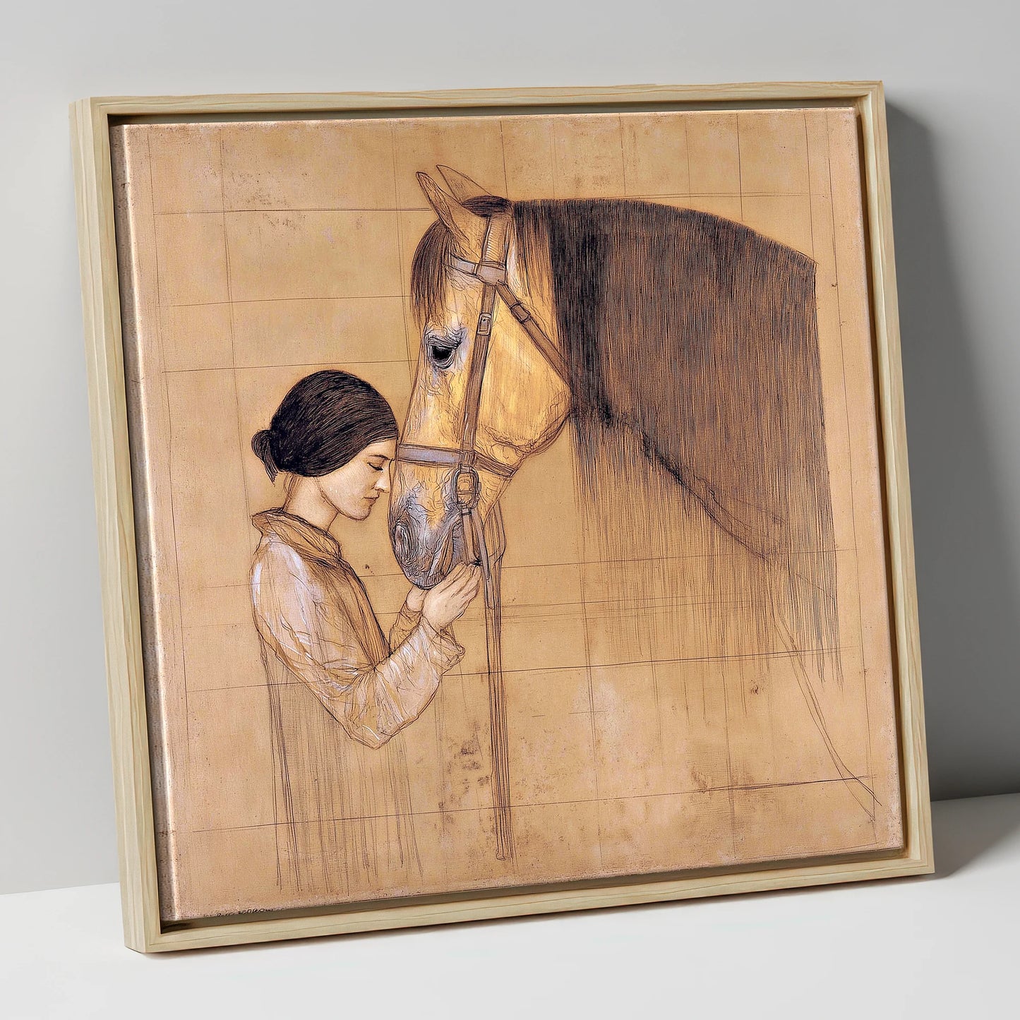 The Silent Bond horse & rider canvas wall art in natural frame