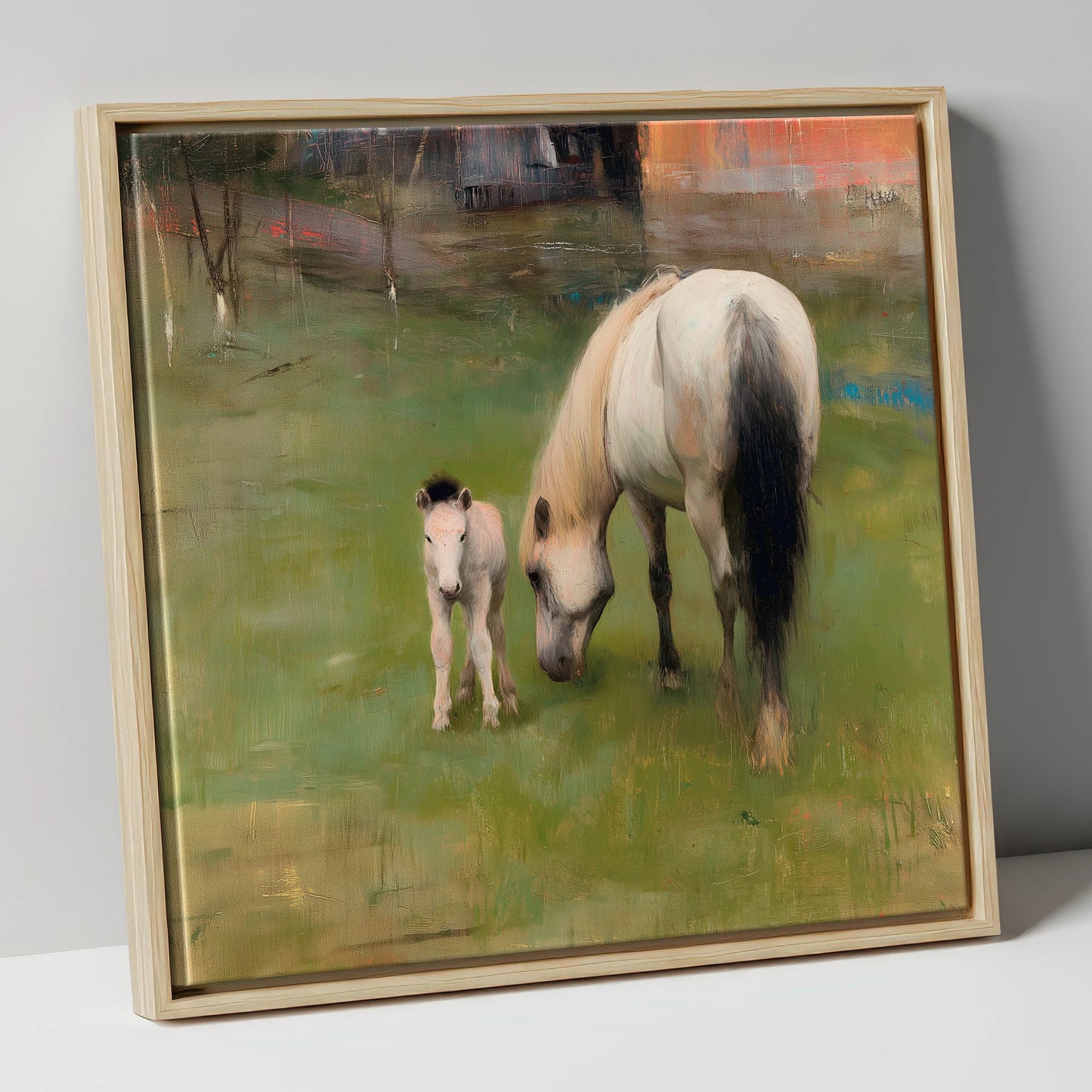 Quiet Pastoral Bond mare & foal canvas wall art in natural frame