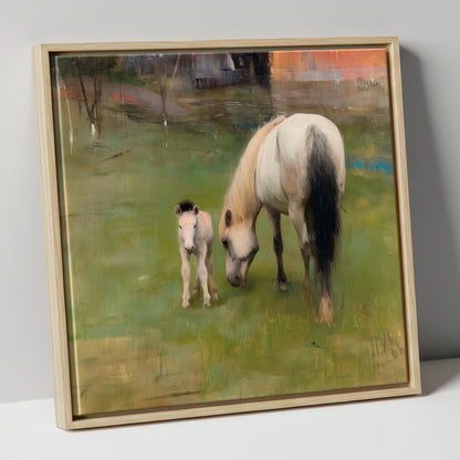 Quiet Pastoral Bond mare & foal canvas wall art in natural frame