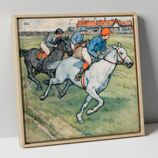 The Final Furlong racing horse canvas wall art in natural frame