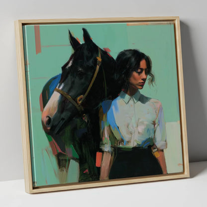 The Shared Silence horse & rider canvas wall art in natural frame