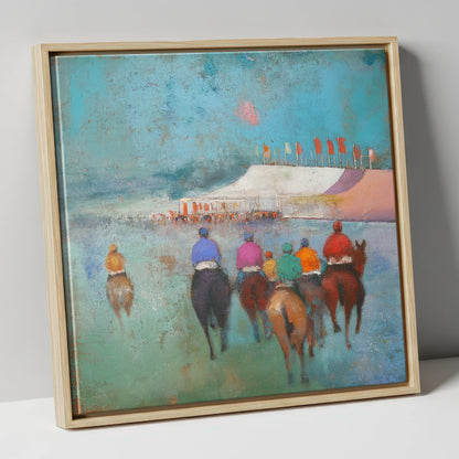 Heading to the Post racing horse canvas wall art in natural frame