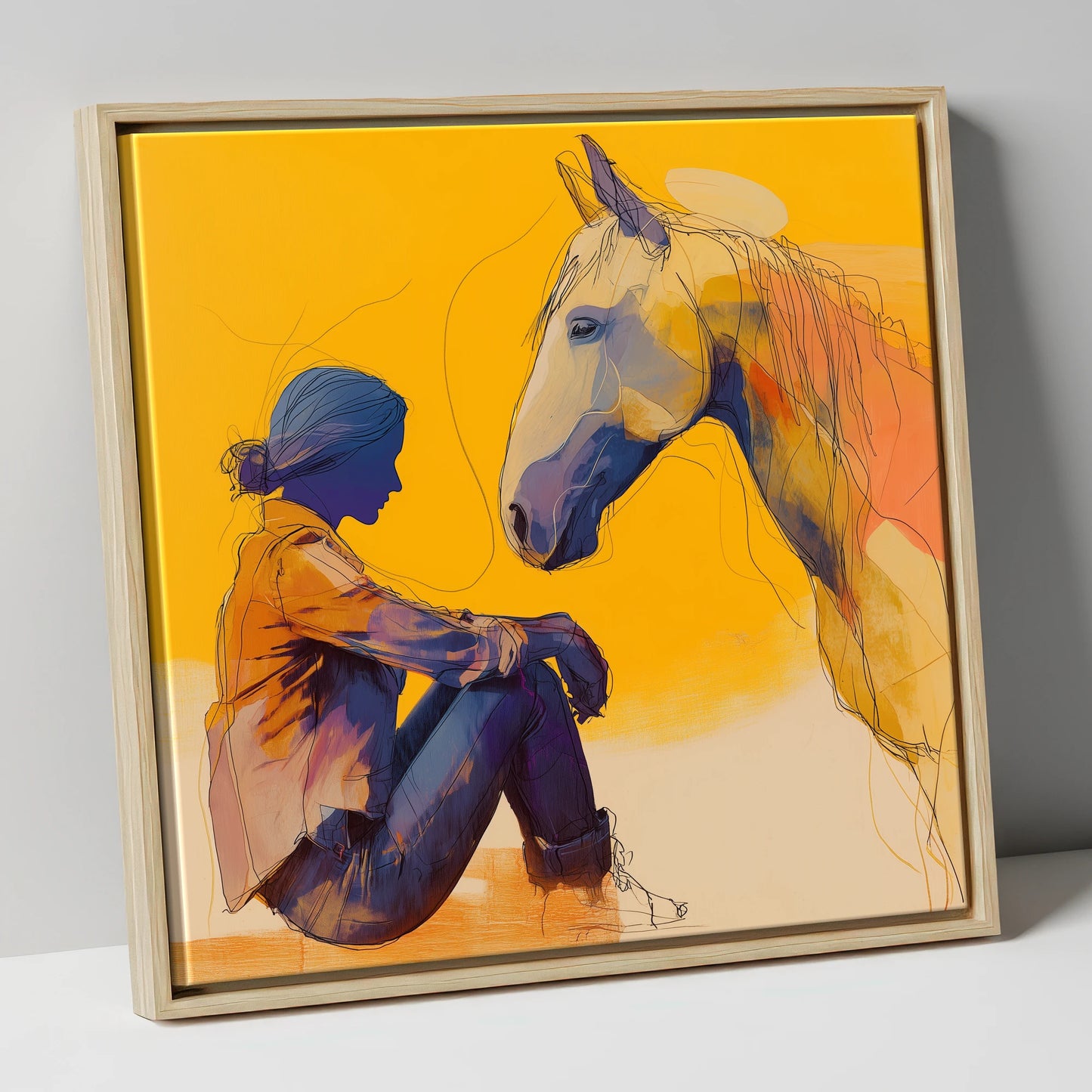 Quiet Communion horse & rider canvas wall art in natural frame