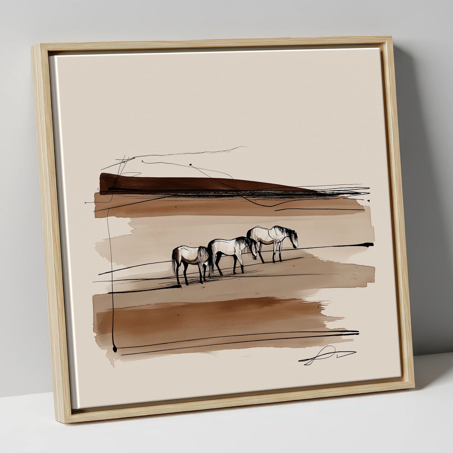Minimalist Sepia Herd wild horses canvas wall art in natural frame