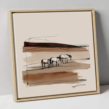 Minimalist Sepia Herd wild horses canvas wall art in natural frame