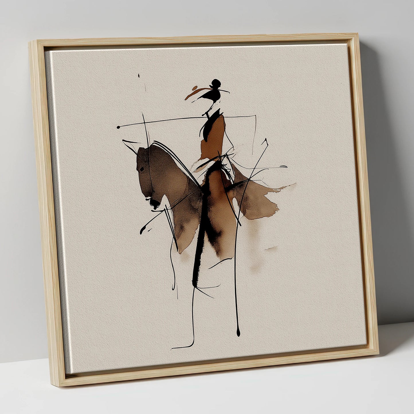 Abstract Sepia Rider horse & rider canvas wall art in natural frame