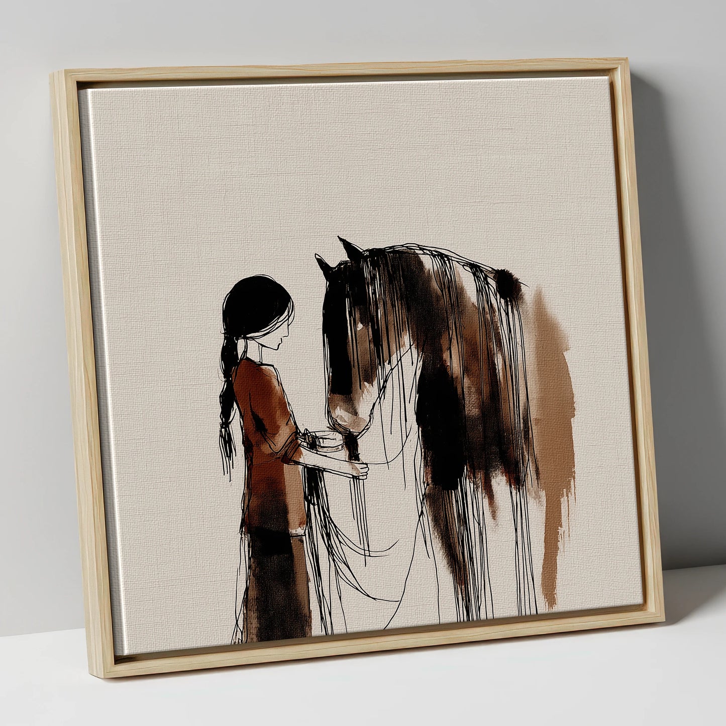 A Quiet Understanding horse & rider canvas wall art in natural frame