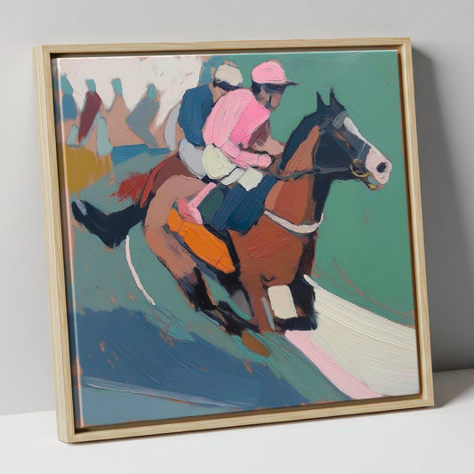 The Leading Edge in Rose racing horse canvas wall art in natural frame