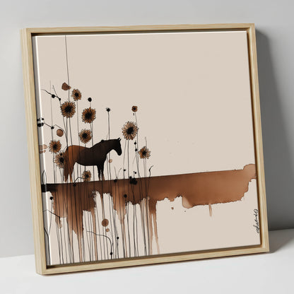 Sepia Sunflower Silhouette horse landscape canvas wall art in natural frame