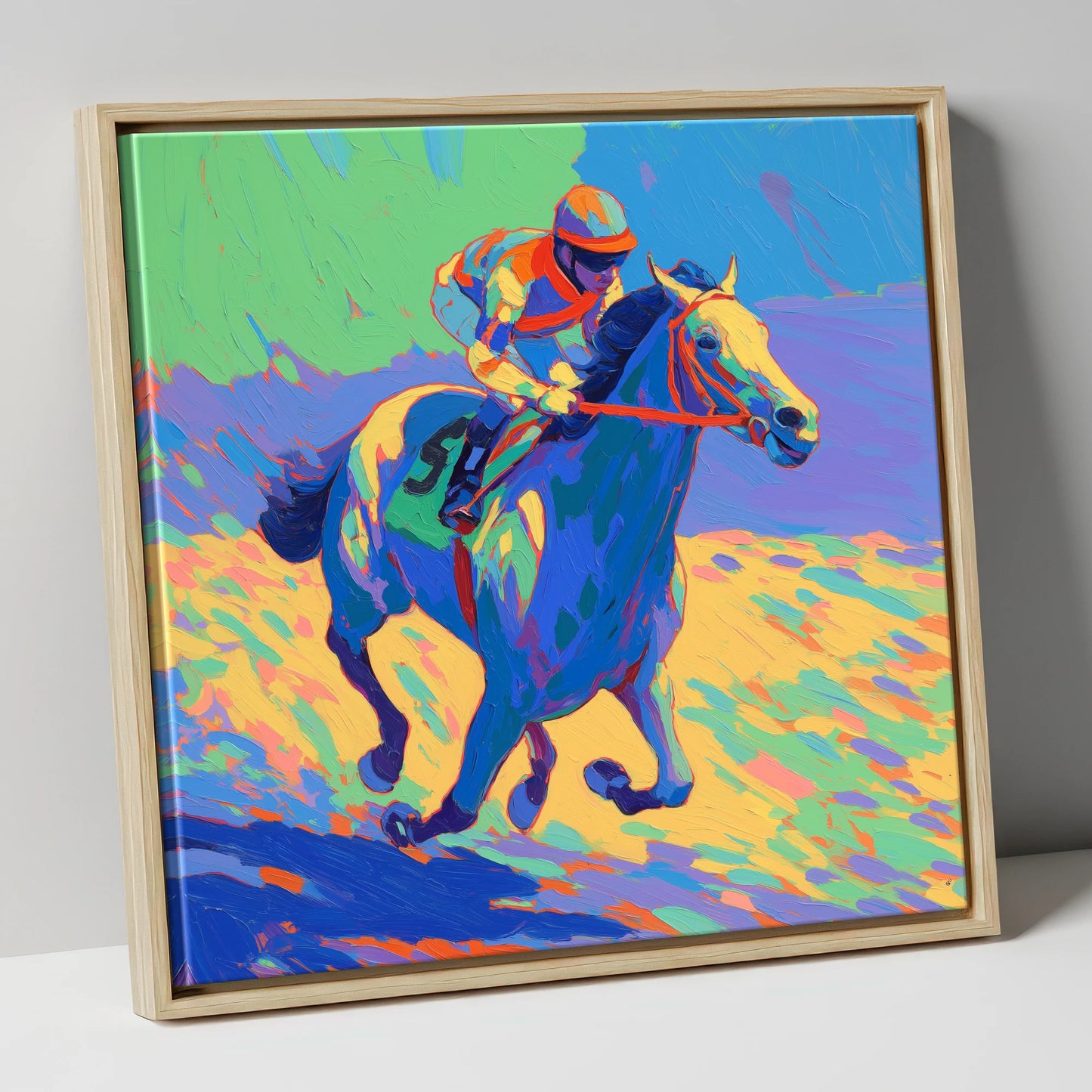 Technicolour Gallop racing horse canvas wall art in natural frame