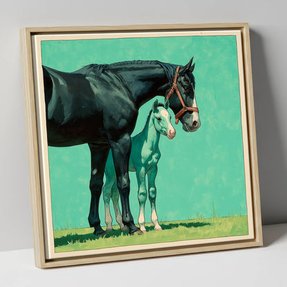 Bond in Vivid Teal mare & foal canvas wall art in natural frame