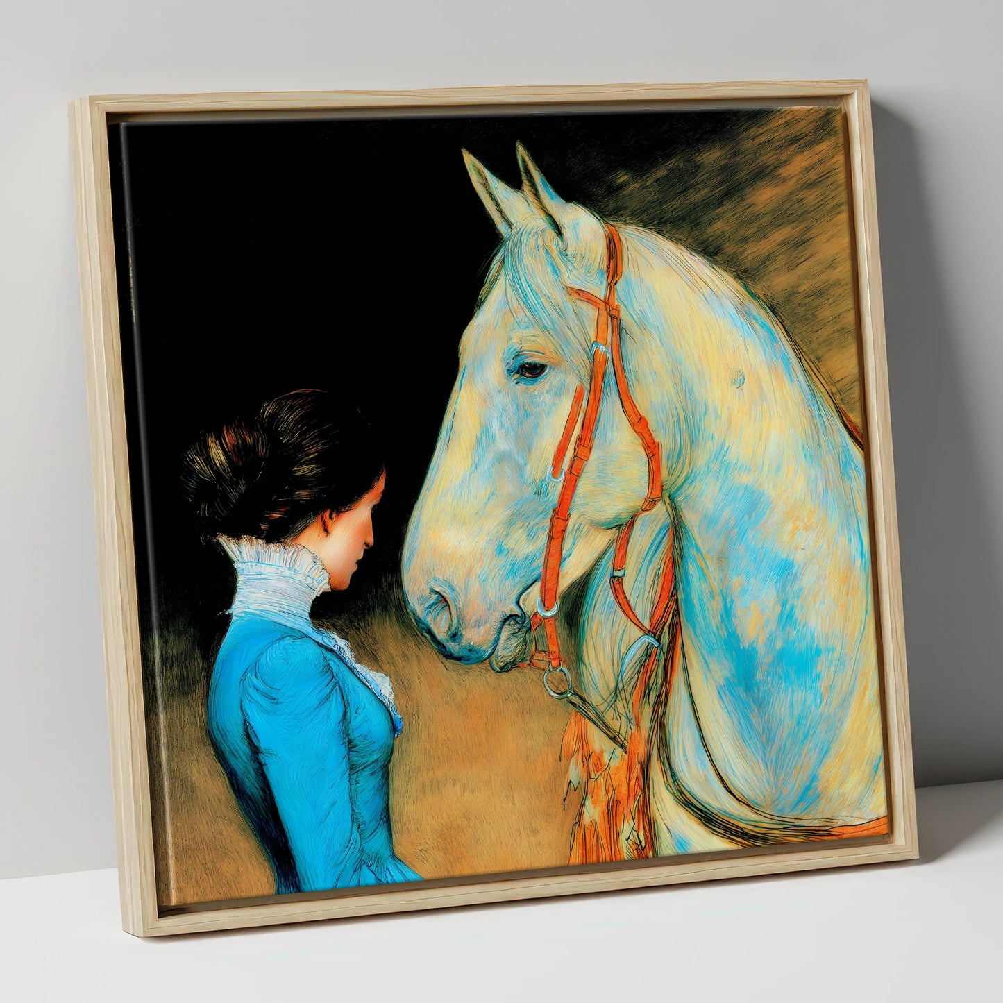 Cerulean Connection horse & rider canvas wall art in natural frame