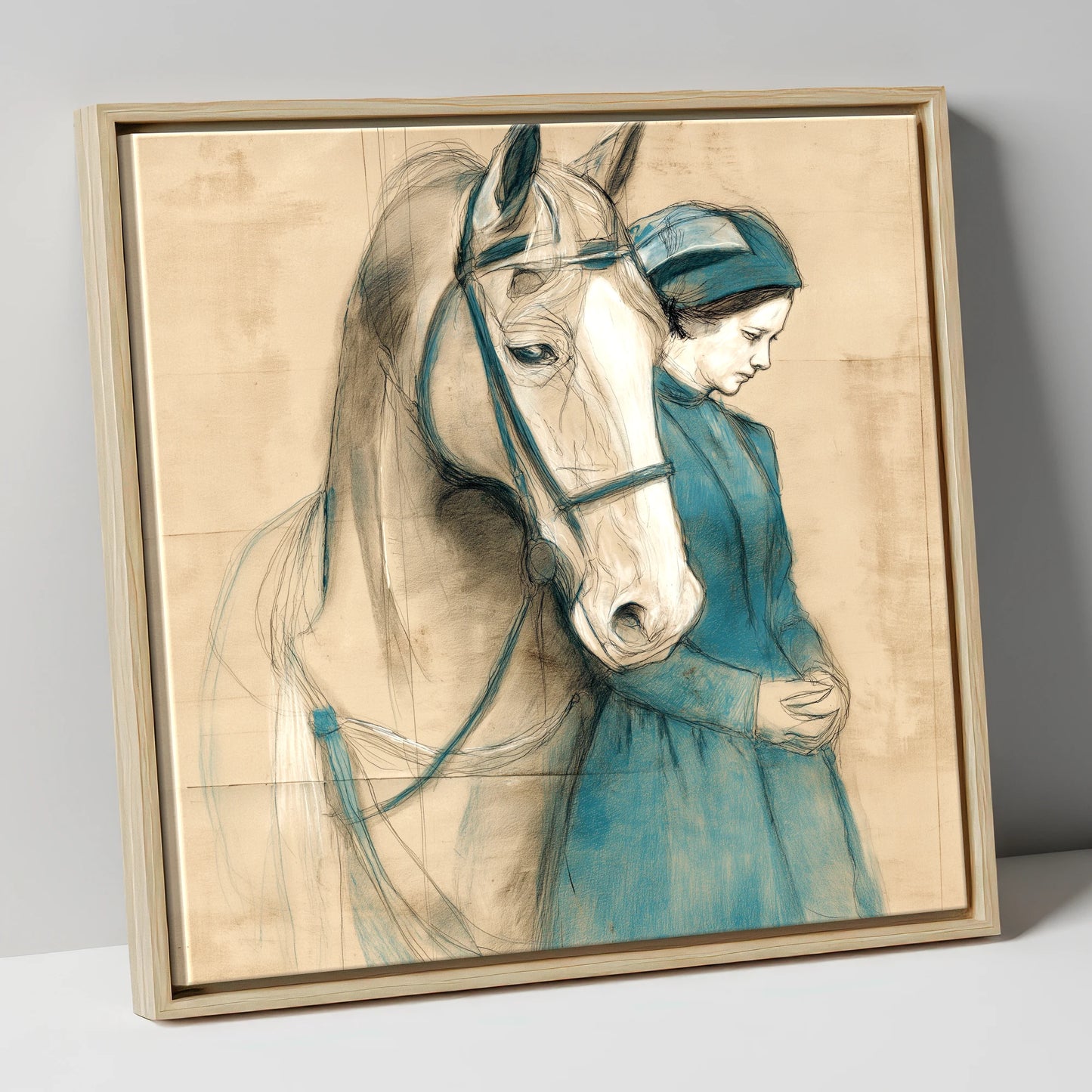 Silent Bond horse & rider canvas wall art in natural frame