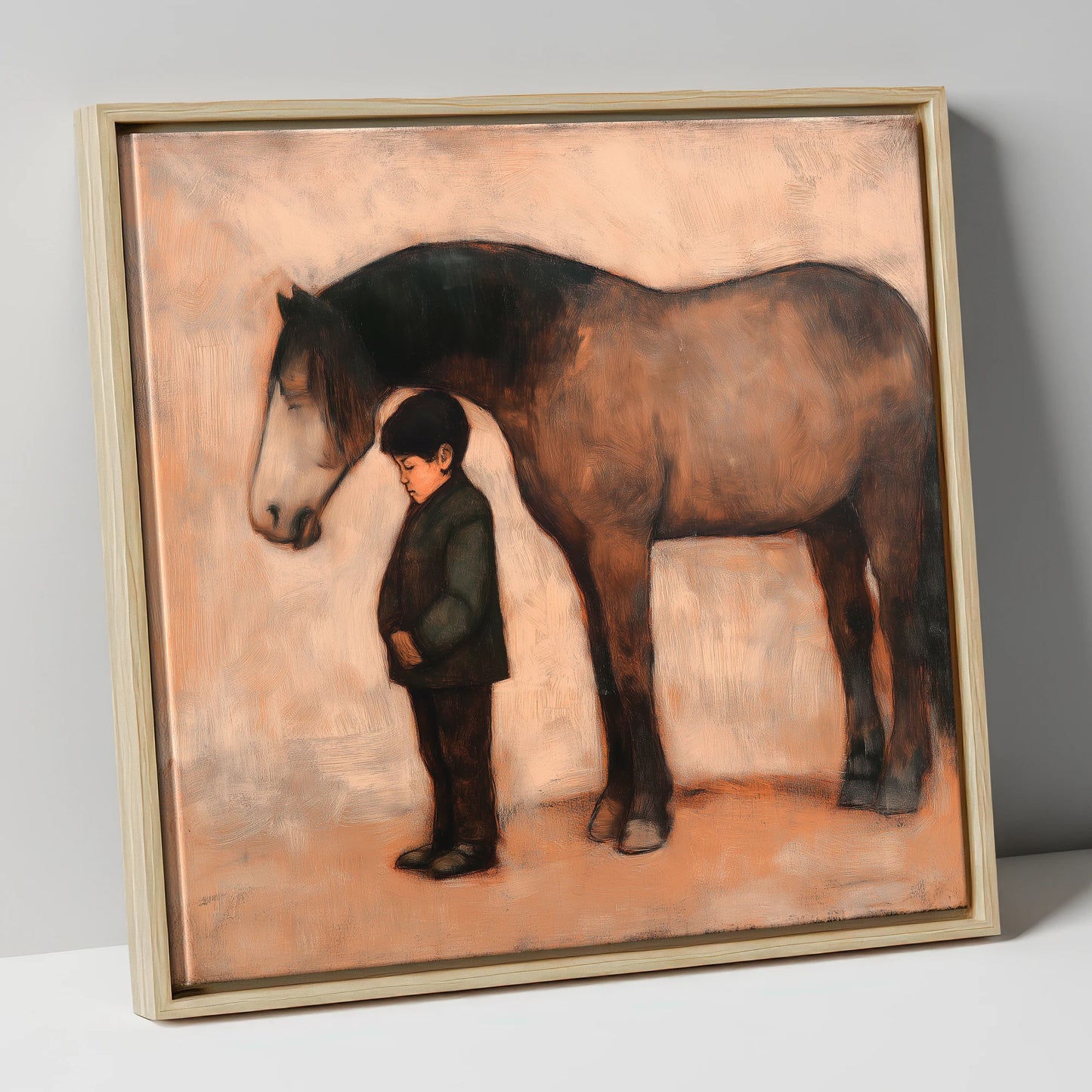 A Quiet Understanding horse & rider canvas wall art in natural frame