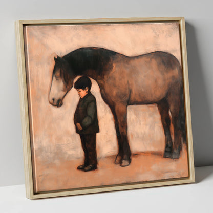 A Quiet Understanding horse & rider canvas wall art in natural frame
