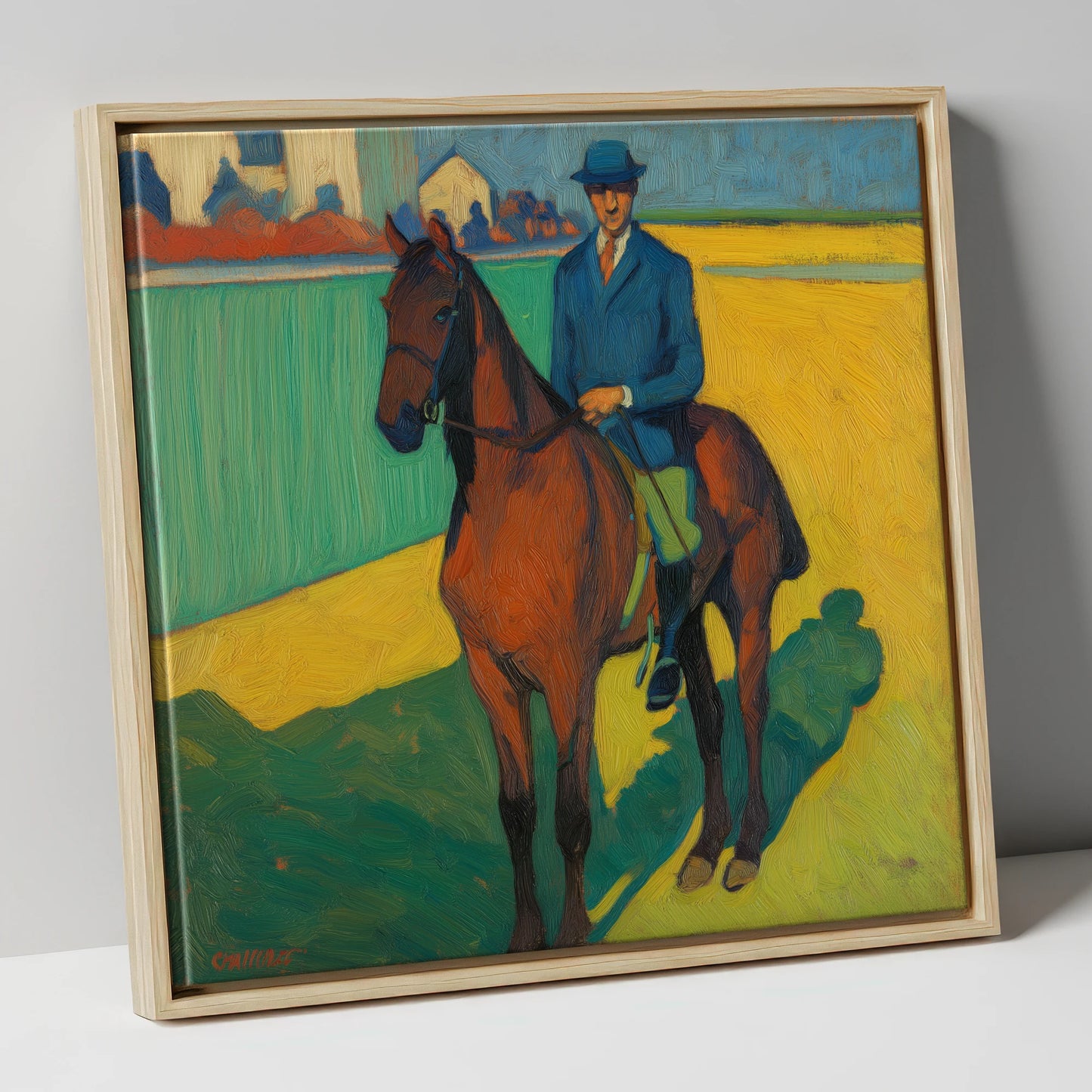 Vivid Morning Exercise racing horse canvas wall art in natural frame