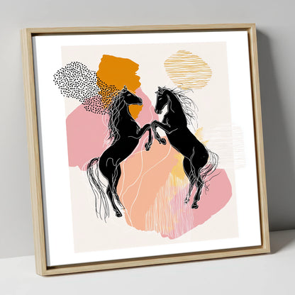 Abstract Equine Harmony wild horses canvas wall art in natural frame