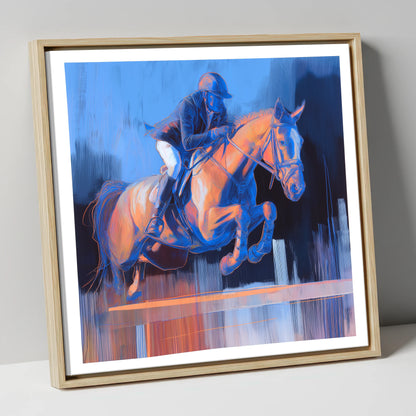 Cobalt Ascent show jumping horse canvas wall art in natural frame