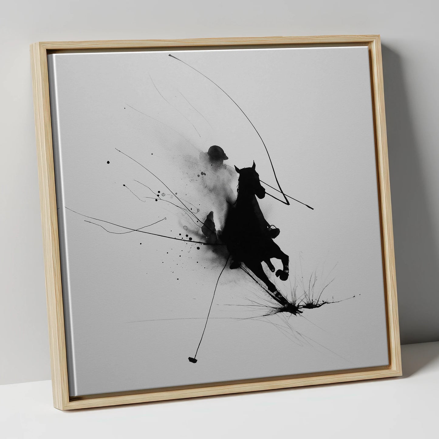 Phantom Polo Strike polo horse canvas wall art in natural frame