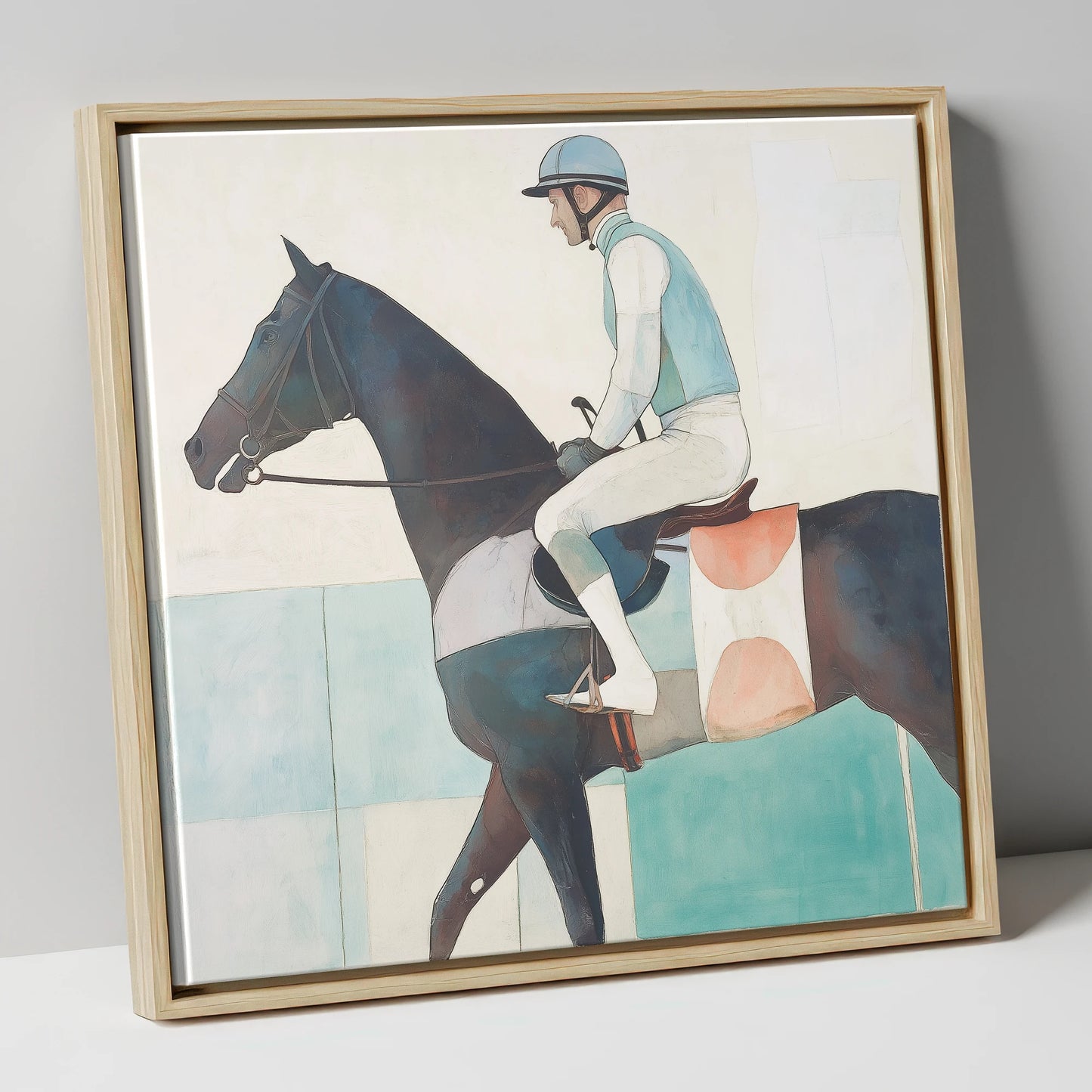 Aquamarine Stride racing horse canvas wall art in natural frame