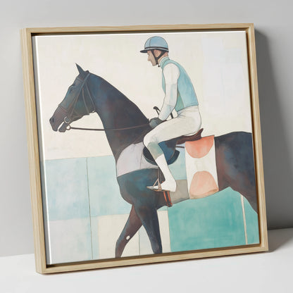 Aquamarine Stride racing horse canvas wall art in natural frame