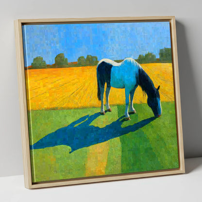 Sunlit Piebald Grazer working horse canvas wall art in natural frame