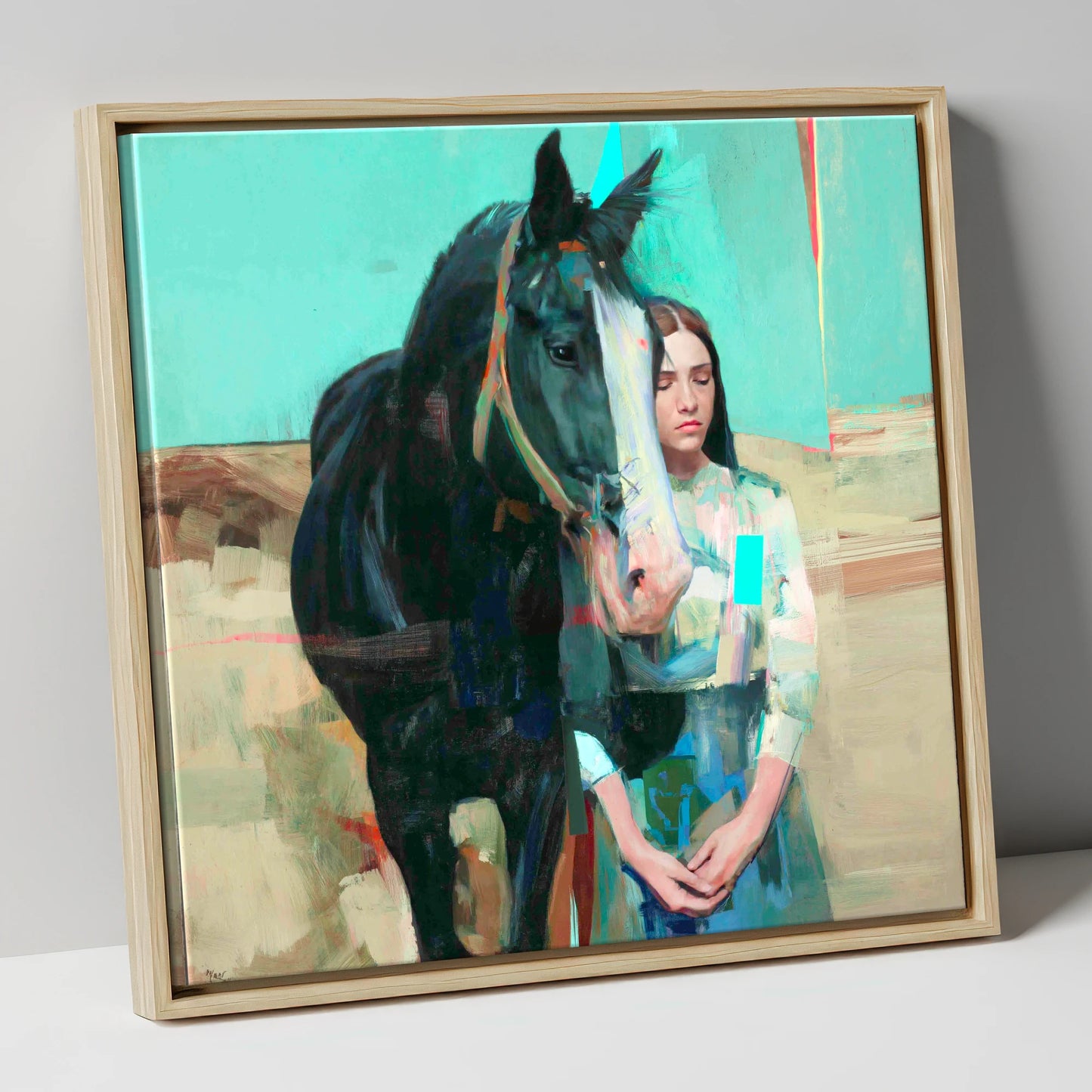 The Quiet Bond horse & rider canvas wall art in natural frame