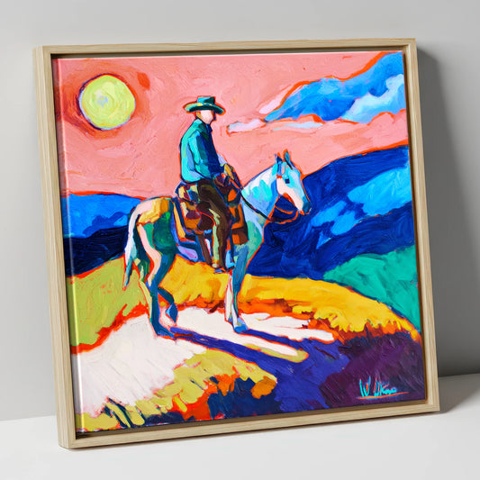 Technicolour Trail Rider western horse canvas wall art in natural frame