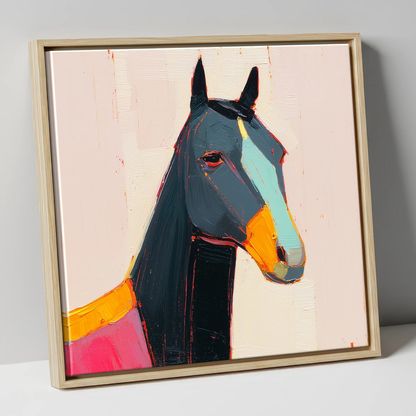 Modern Equine Spirit horse portrait canvas wall art in natural frame