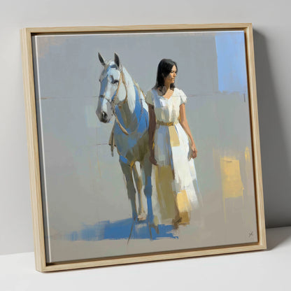 Beside the Grey horse & rider canvas wall art in natural frame