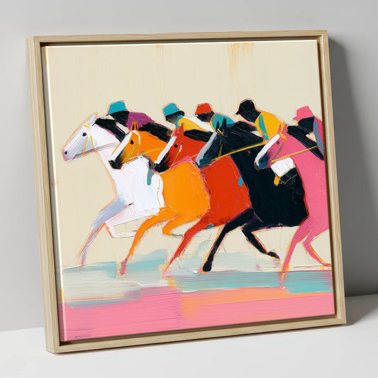 Vibrant Final Furlong racing horse canvas wall art in natural frame