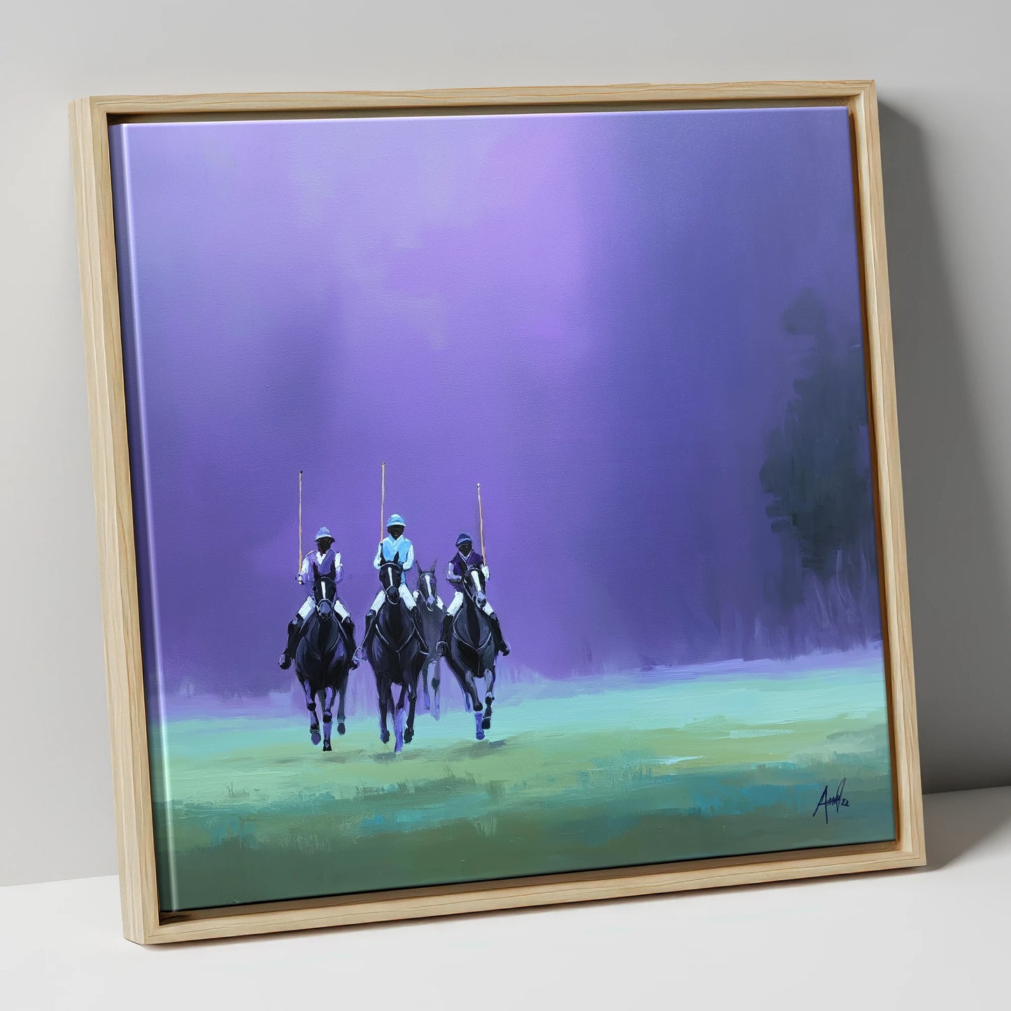 The Violet Charge polo horse canvas wall art in natural frame