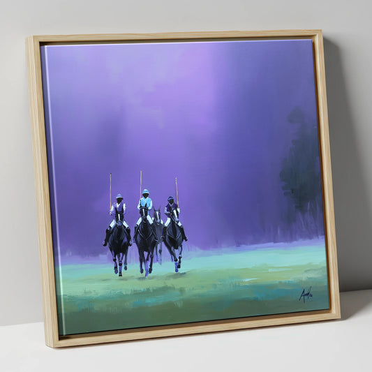 The Violet Charge polo horse canvas wall art in natural frame