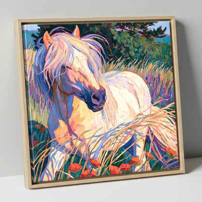 Colourful Horse In Poppy Meadow horse breed canvas wall art in natural frame