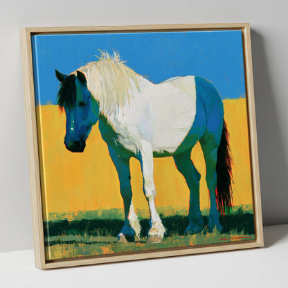 Bold Blue and White Cob horse breed canvas wall art in natural frame